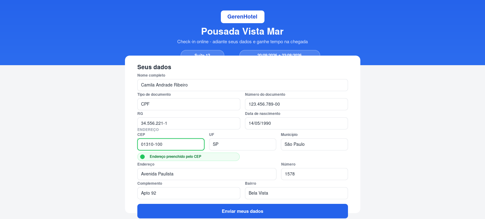 Tela de Check-in Online do GerenHotel, com o hóspede preenchendo os próprios dados e o endereço preenchido automaticamente pelo CEP